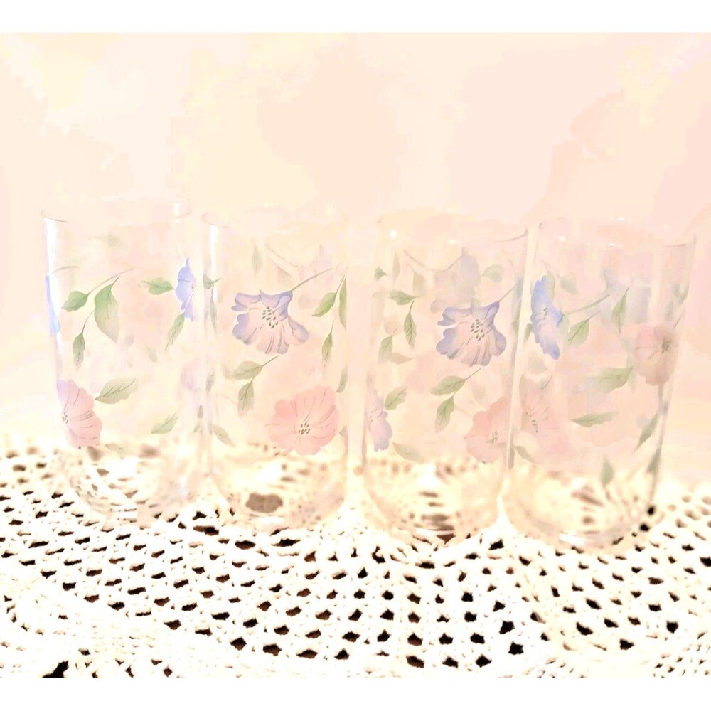Vintage Set of 4 Floral 14 oz Drinking Glasses Blue Pink Flower Tumblers